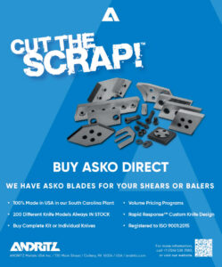 ANDRITZ ASKO recycling shear blades and baler knife advertisement for scrap metal processing