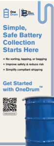 OneDrum battery collection advertisement promoting safe and simplified battery recycling and shipping