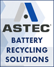 Vertical ASTEC Battery Recycling Solutions logo graphic with blue and gray branding elements.