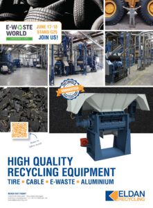 Eldan Recycling promotional graphic featuring industrial recycling equipment, processing systems and E-Waste World conference branding.
