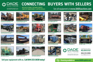 Large DADE Auctions promotional equipment marketplace advertisement featuring multiple recycling, salvage and waste industry machines for sale.