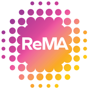 ReMA logo featuring white lettering inside a pink-to-orange gradient circular dot pattern