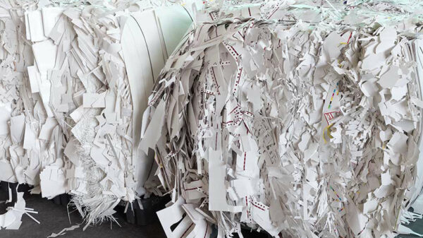 Bales of recovered paper trim and paper scrap prepared for recycling into new paper products.