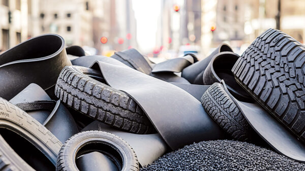Pile of recycled rubber tires, rubber strips and crumb rubber material illustrating tire recycling and devulcanization processes.