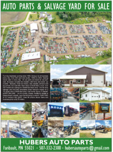 Aerial view of Hubers Auto Parts, an auto salvage yard for sale in Faribault, Minnesota.