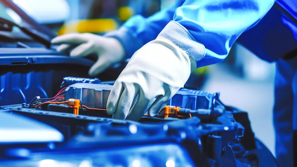 Technician servicing an electric vehicle battery pack as demand for EV battery recycling continues to grow.