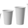Paper cups of various sizes representing recyclable foodservice packaging and paper cup recycling programs