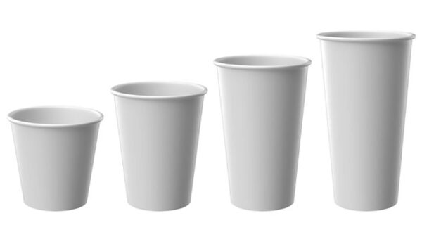 Paper cups of various sizes representing recyclable foodservice packaging and paper cup recycling programs