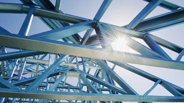 Steel framework representing global crude steel production and the steel manufacturing industry.