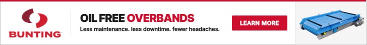 Bunting Oil Free Overbands advertisement featuring an overband magnetic separator.