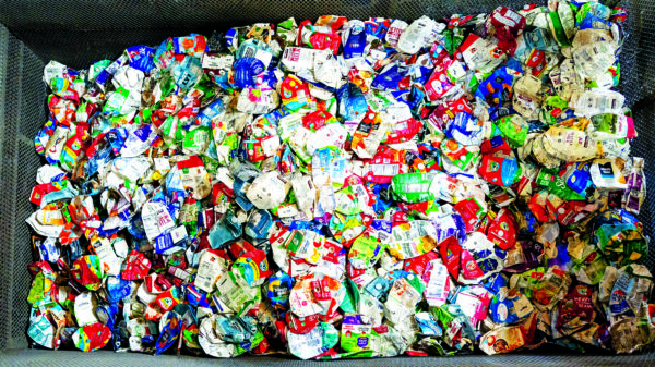 Cartons sorted at a California material recovery facility are ready to be sent to an end market for recycling. Food and beverage cartons collected for recycling at a California material recovery facility.