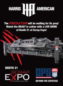 Harris American Predator car logger advertisement for Scrap Expo live demonstration.