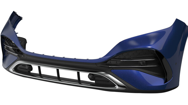 Automotive bumper prototype made with 30% recycled polypropylene for vehicle manufacturing.