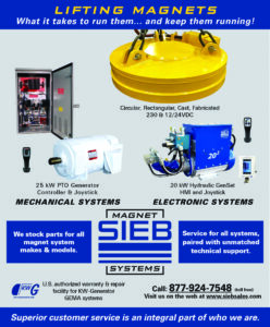 Sieb Magnet Systems advertisement featuring lifting magnets, generators and hydraulic magnet systems.