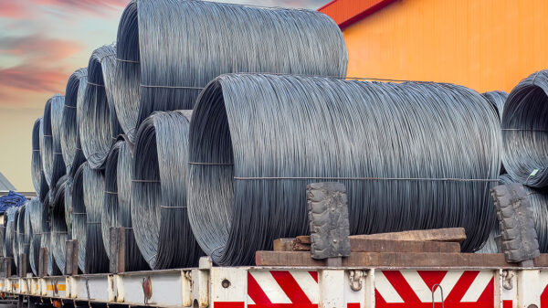 Steel coils at a U.S. steel mill awaiting shipment to customers.