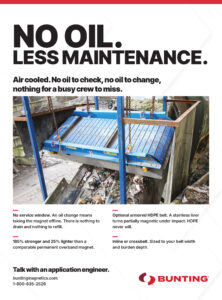 Bunting air-cooled suspended magnet ad highlighting oil-free operation and reduced maintenance