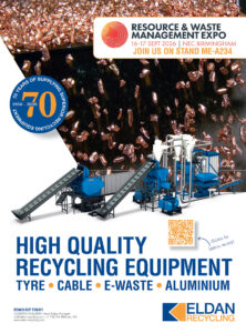 Eldan Recycling ad featuring equipment for processing tires, cable, e-waste and aluminum