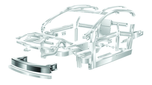 Cadillac OPTIQ vehicle structure showing the front bumper system made with high recycled content aluminum.