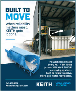 KEITH WALKING FLOOR ad featuring a moving floor system for receiving, storing and metering recyclables