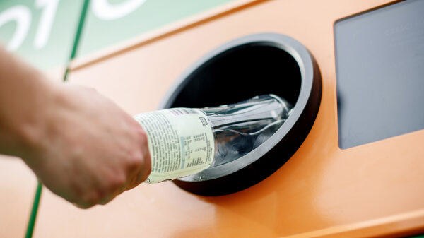 Person returning a beverage container at a reverse vending machine