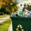 Recycled glass bottles and containers collected in a curbside recycling bin