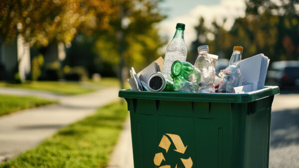 Recycled glass bottles and containers collected in a curbside recycling bin