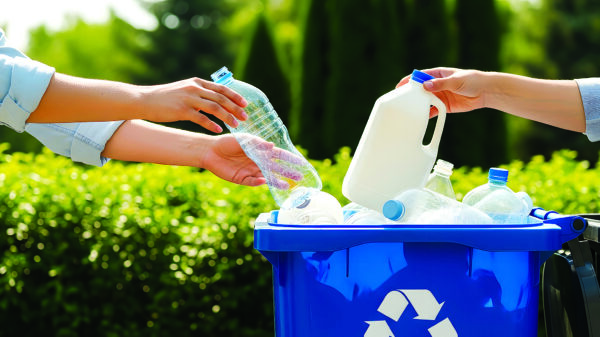 People placing plastic bottles into a blue recycling bin for collection and recycling