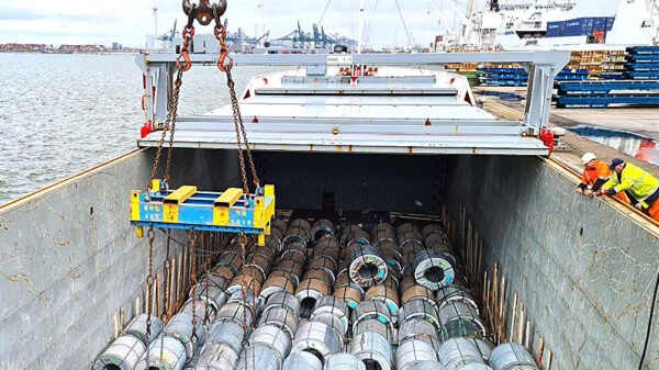 Steel products being loaded into a cargo ship for international transport and U.S. steel imports