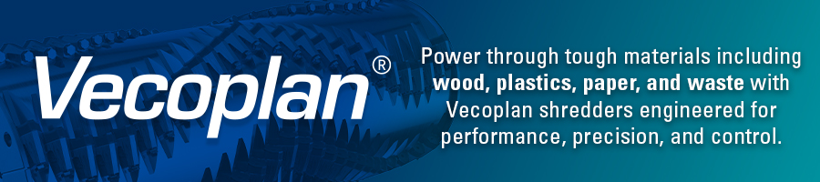 Vecoplan advertisement featuring industrial shredder cutting blades and promoting shredding equipment for wood, plastics, paper and waste.
