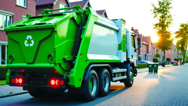 Green municipal garbage truck collecting waste along a residential street, illustrating waste collection route optimization.